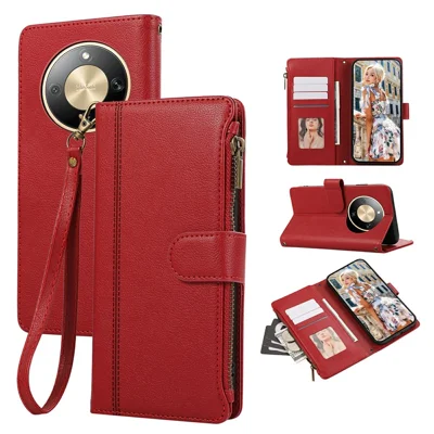 Phone Case For Honor Magic8 Lite 5G  /  X9d 5G  /  X70 5G Multi Card Slots Zipper Leather Phone Cover with Wrist Strap - Red