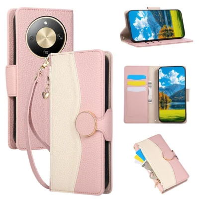 Phone Case For Honor Magic8 Lite 5G  /  X9d 5G  /  X70 5G Zipper Wallet Color Splicing TPU PU Leather Flip Phone Cover with Strap - Pink