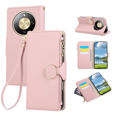 Cover per telefono con portafoglio con cerniera in pelle per Honor Magic8 Lite 5G / X9d 5G / X70 5G con cinturino da polso - Rosa