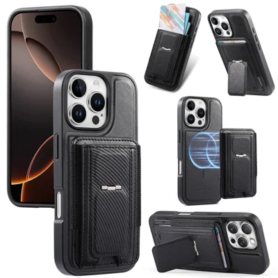 CASENEO Coque pour iPhone 16 Pro Max avec Support Pliable TPU Cuir PU PC Étui à Cartes Téléphone Magnétique Compatible avec MagSafe - Noir