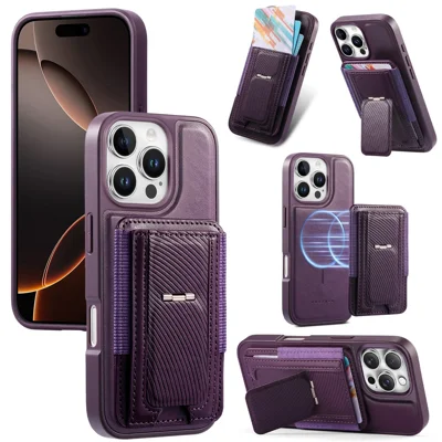 CASENEO Coque pour iPhone 16 Pro avec Support Pliable, TPU, Cuir PU, PC, Étui à Cartes, Housse Téléphone Magnétique Compatible avec MagSafe - Violet