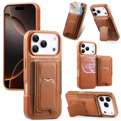 CASENEO Hoesje voor iPhone 17 Pro Max met Opvouwbare Standaard TPU PU Leder PC Kaarthouder Magnetische Telefoonhoes Compatibel met MagSafe - Bruin