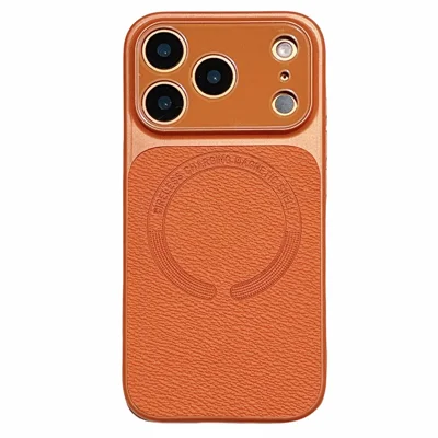 For iPhone 17 Pro Max Magnetic Back Cover Precise Cutouts Textured PU Leather Coated TPU + PC Protective Phone Case Compatible with MagSafe - Orange