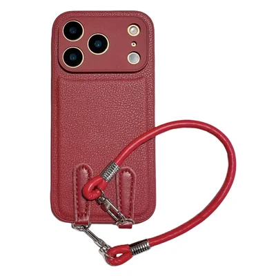 Für iPhone 17 Pro Hülle TPU PU Leder PC Anti-Drop Handy-Rückseite mit Handschlaufe - Rotes Ledergürtel