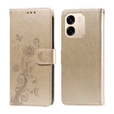 For OPPO A6s 5G Leather Case Butterfly Floral Imprint Wallet Stand Cover - Golden