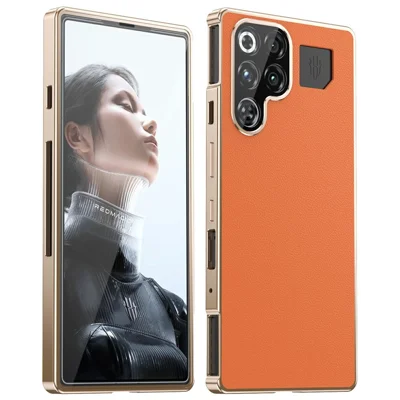 Voor ZTE nubia RedMagic 11 Pro 5G / 11 Pro+ 5G hoesje Magnetisch frame Voorzijde gehard glas Lederen PC-achterkant Telefoonhoes - Oranje