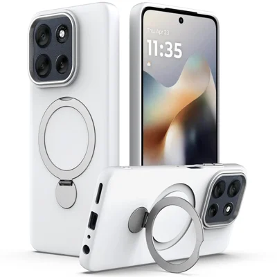 Capa Magnética para Motorola Edge 70 5G com Suporte de Anel Giratório, Capa Traseira em Silicone Líquido - Branco