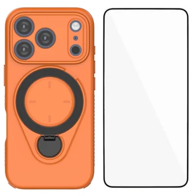 Coque pour iPhone 17 Pro Max avec verre trempé WANLONFENG Série JH, étui PC TPU avec support pivotant - Orange