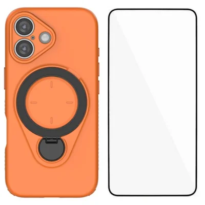 For iPhone 16 Case med tempered glass WANLONFENG JH Series PC TPU støtteben telefonbeskytter - Orange