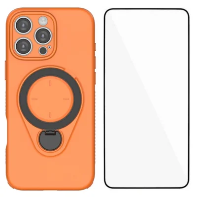 WANLONFENG For iPhone 16 Pro Case with Tempered Glass  JH Series PC TPU Kickstand Phone Cover - Orange