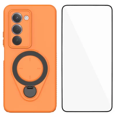 Coque pour Xiaomi Redmi 15 5G (Global) (169 mm) avec verre trempé WANLONFENG Série JH, housse téléphone PC TPU avec support pivotant - Orange