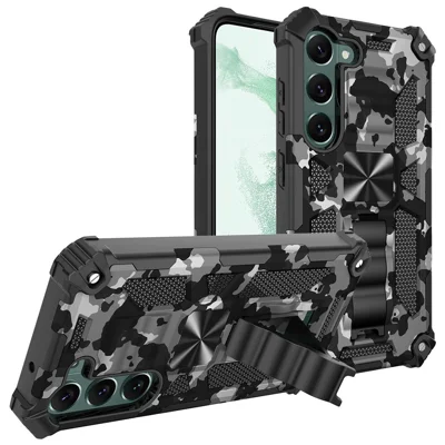 For Samsung Galaxy S23+ Camouflage Design Military Grade Drop Protective Cover Soft TPU Hard PC Kickstand Tough Phone Case - Camouflage Black