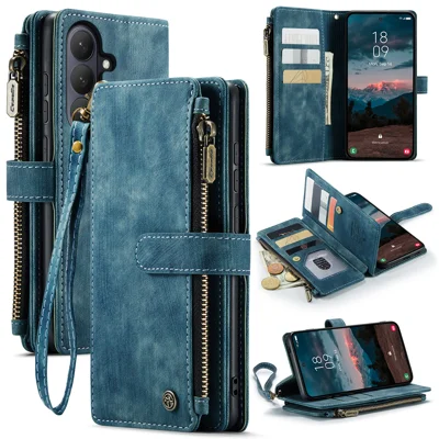 Custodie per Samsung Galaxy S26 con Cinturino CASEME C30 con Chiusura a Cerniera, Porta Carte in Pelle PU - Blu