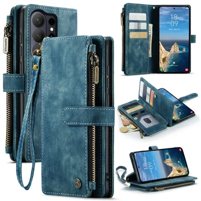 Capas para Samsung Galaxy S26 Ultra com Alça CASEME C30 com Fecho de Correr, Suporte para Várias Carteiras em Pele Sintética - Azul