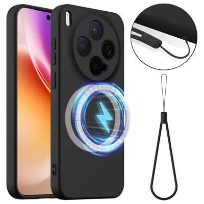Für vivo X300 5G Magnetische Hülle Anti-Rutsch Flüssigsilikon-Handyhülle mit Handschlaufe - Schwarz