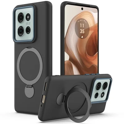 For Motorola Moto G75 5G Magnetic Case Rotating Ring Kickstand TPU + PC Back Cover - Black