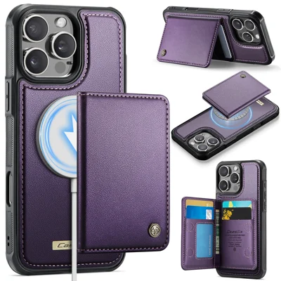 CASEME For iPhone 16 Pro Magnetic Case  ME80 Series Leather PC TPU Phone Cover with Detachable Wallet - Purple