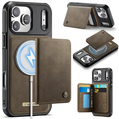 Coque magnétique pour iPhone 17 Pro Max Série CASEME ME80 en cuir PC TPU avec portefeuille amovible - Café