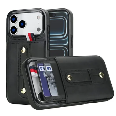 Coque pour iPhone 17 Pro Max en cuir PU + TPU avec porte-cartes caché, coque antidéflagration avec support pivotant - Noir