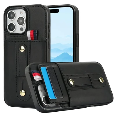 Für iPhone 16 Pro Max Hülle aus PU-Leder + TPU, verstecktes Kartenfach, stoßfestes Handycover mit Ständer – Schwarz