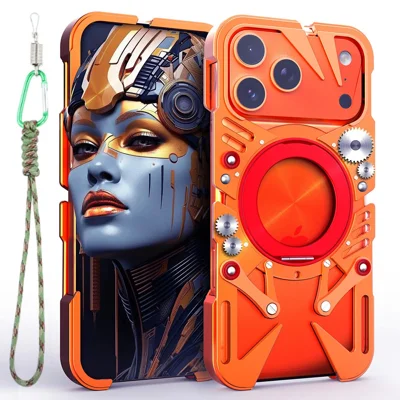 For iPhone 17 Pro Max Bumper Case Kickstand Aluminum Alloy Magnetic Phone Cover with Wrist Strap Compatible with MagSafe - Orange