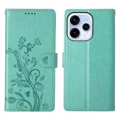 Wallet Case for Oppo Reno15 5G (Global)   /  Reno15c 5G (China) Butterfly Floral Imprint PU Leather Phone Cover with Wrist Strap - Green