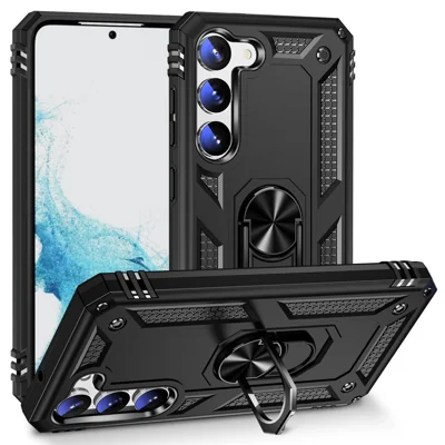 For Samsung Galaxy S23 Military Grade Shock-absorbing Case Ring Kickstand Design PC + TPU Back Cover - Black