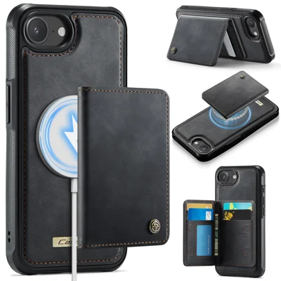 CASEME For iPhone 17e / 16e Magnetic Case  ME80 Series Leather PC TPU Phone Cover with Detachable Wallet - Black