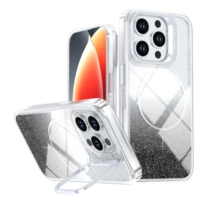 Coque magnétique pour iPhone 15 Pro, coque de protection transparente avec effet dégradé et paillettes, compatible MagSafe - Noir