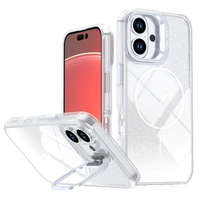 For iPhone 16 Magnetic Case Gradient Glitter Shockproof TPU PC Phone Cover Compatible with MagSafe - White