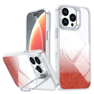 For iPhone 16 Pro Magnetic Case Gradient Glitter Shockproof TPU PC Phone Cover Compatible with MagSafe - Orange