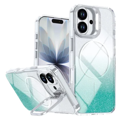 Coque magnétique pour iPhone 17, coque transparente avec effet dégradé scintillant, résistante aux chocs, en TPU et PC, compatible MagSafe - Vert Lac