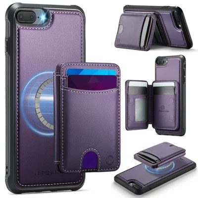 Funda magnética para iPhone 8 Plus de 5,5 pulgadas / iPhone 7 Plus de 5,5 pulgadas JEEHOOD J10, funda trasera de cuero con soporte con ranura para tarjetas desmontable - Morado