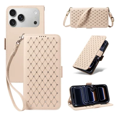 Funda de cuero para iPhone 17 Pro Max con diseño de diamantes de imitación, patrón de rombo, billetera, tapa abatible con correa - Color albaricoque