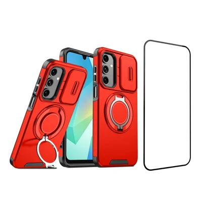 For Samsung Galaxy A15 5G / Galaxy A15 4G Magnetic Case with Screen Film / Slide Lens Cover / Kickstand TPU + PC Phone Shell - Red