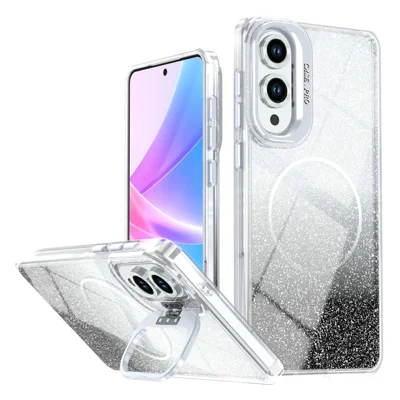 For Samsung Galaxy S25 Edge Magnetic Case Gradient Glitter Shockproof TPU PC Phone Cover - Black
