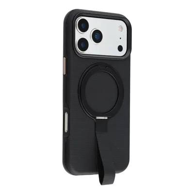 KIGC Etui na iPhone 17 Pro Max Kompatybilne z MagSafe Obrotowa Podstawa z Opaską na Nadgarstek Pleciona Tekstura Pokrowiec z PC - Czarny