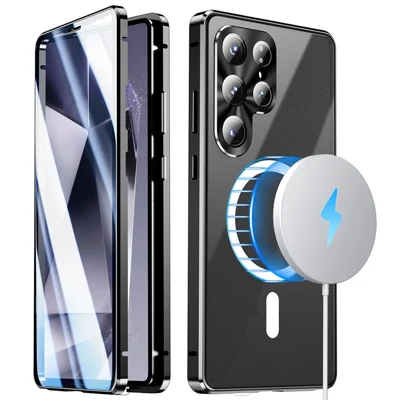 Magnetische Hülle für Samsung Galaxy S26 Ultra, Panzerglas + Matt-PC-Handyhülle mit Metallrahmen – Schwarz