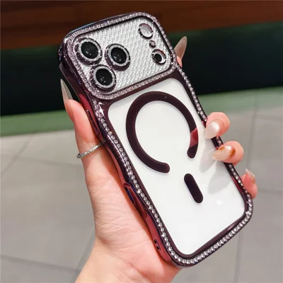 For iPhone  18 Pro / 17  Pro Magnetic Case Electroplated Wave Frame Rhinestone Decor TPU Phone Cover with Glitter Lens Film - Purple