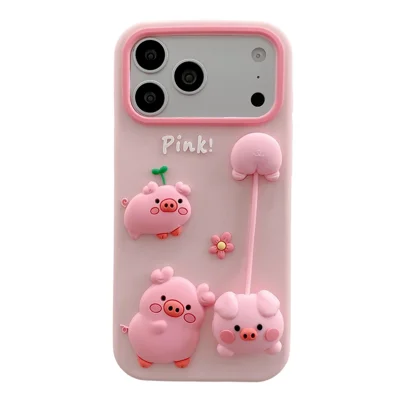 Funda de silicona para iPhone 17 Pro Max con colgante de cerdo 3D bonito, funda trasera antichoque para teléfono - Rosa