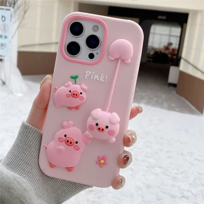 For iPhone 16 Pro Max Silicone Case Cute 3D Cartoon Pig Pendant Shockproof Phone Back Cover - Pink