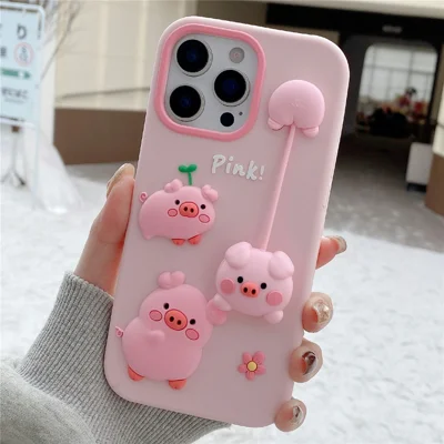 For iPhone 16 Pro Silicone Case Cute 3D Cartoon Pig Pendant Shockproof Phone Back Cover - Pink