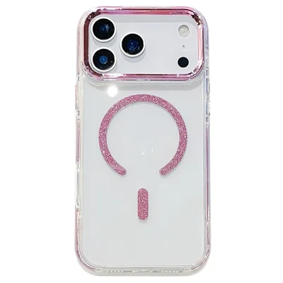 Coque magnétique pour iPhone 17 Pro Max, bord scintillant, coque transparente arrière en TPU + PC, compatible avec MagSafe - Rose