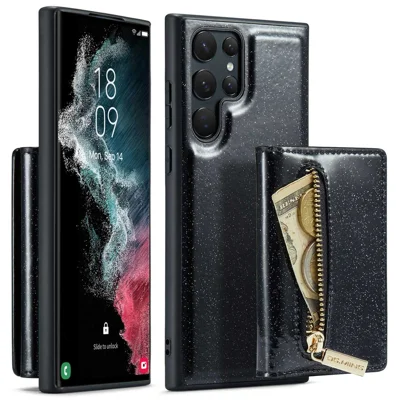 DG.MING M3 Series For Samsung Galaxy S22 Ultra 5G 2-in-1 Glittery PU Leather Coated PC+TPU Back Case Magnetic Detachable Zipper Wallet Phone Cover with Kickstand - Black