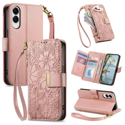 For Samsung Galaxy S25 Edge Case Floral Leaf Pattern Multi Card Slots Zipper Leather Phone Cover with Wrist Strap - Pink