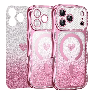 For iPhone  18 Pro / 17  Pro Magnetic Case Electroplated Wave Frame Rhinestone Decor TPU PC Phone Cover with Love Glitter Paper - Pink