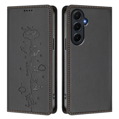 For Samsung Galaxy A55 5G Case RFID Blocking Wallet Stand Imprinted Cat Pattern Leather Phone Cover - Black