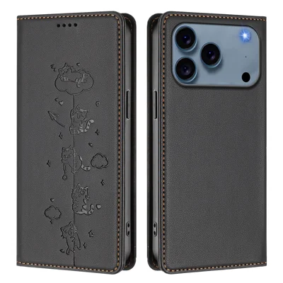 Coque pour iPhone 17 Pro Max avec portefeuille, blocage RFID, support, motif imprimé de chat, couverture en cuir - Noir