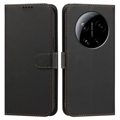 For Xiaomi 17 Ultra 5G Leather Case Wallet Stand Solid Color Anti Drop Phone Cover - Black