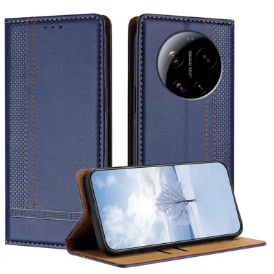 For Xiaomi 17 Ultra 5G Case L-Shaped Grid Pattern Leather Stand Phone Cover with Card Slots - Blue